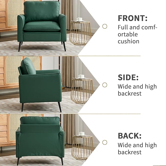 YITAI Modern Accent Living Room ChairsFaux Leather Oversized Single Sofa Chair with Metal Legs Mid Century Comfy Armchair for Bedroom/Office Reading/Lounge/Office/Reception1PCGreen
