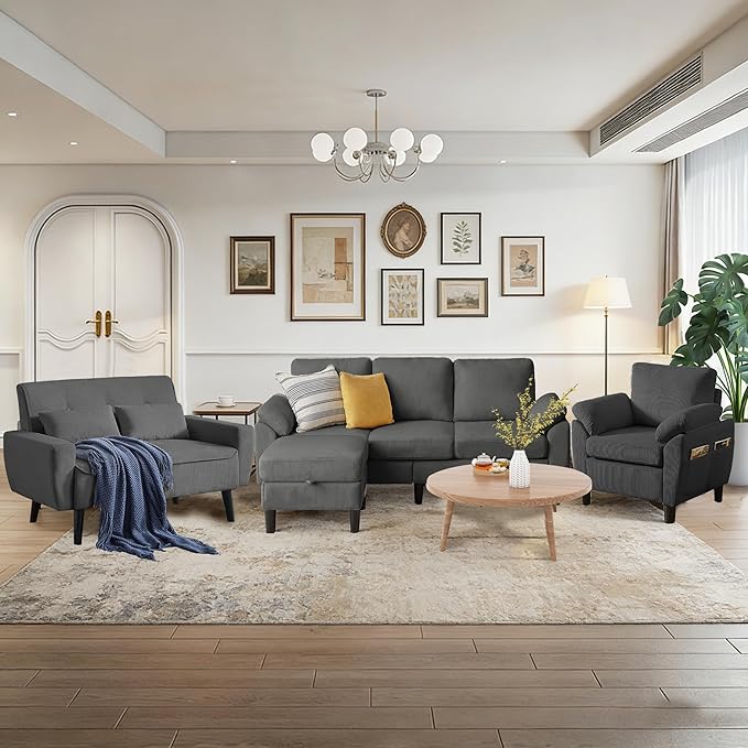 4 Pieces Corduroy Living Room Sets with Sofa Ottoman Loveseat and Chair