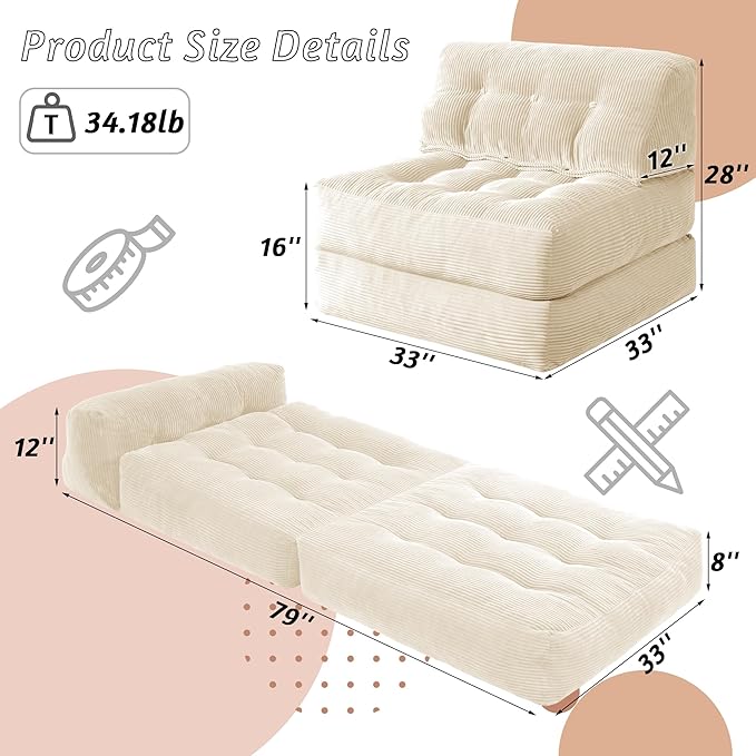 HABUTWAY Folding Sofa Bed Convertible Sleeper Chair Bed with Pillow &amp Handle Foldable Mattress with Back Support Portable Single Couch Comfy Floor Sofa Lounge for Living Room Bedroom(Beige)