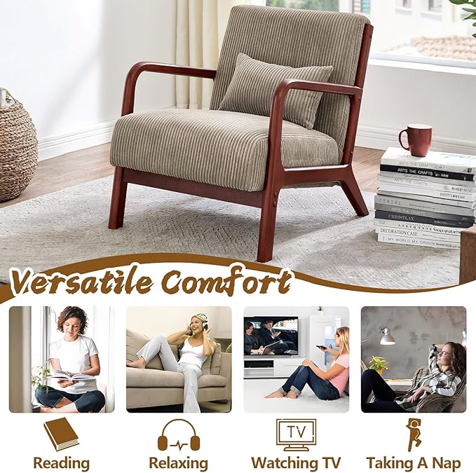 Midcentury Modern ChairWooden Accent Chair with PillowCorduroy Arm Chair for Living RoomBedroomSmall Rooms (Camel)