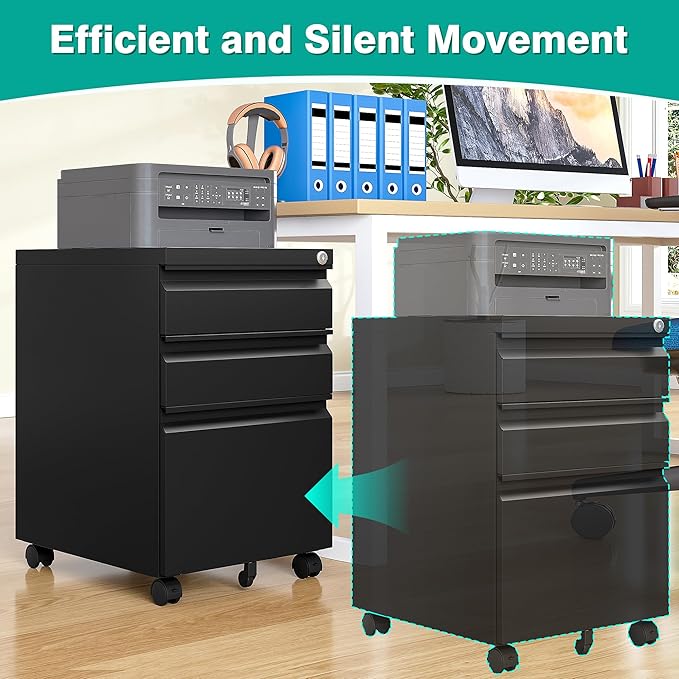 3 Drawer File Cabinet with LockUnder Desk File Cabinet with WheelsBlack Rolling Filing CabinetsThree Drawer Metal Filing Cabinet for Home OfficeFit A4/Letter/Legal File- Assembly Required