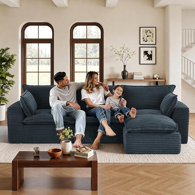 110 Sectional Couches for Living Room Boneless Couch Upholstered Cloud Couch Sectional Modular Sectional Sofa with L Shaped (Corduroy-Dark Grey 3 Seat+1 Ottoman)