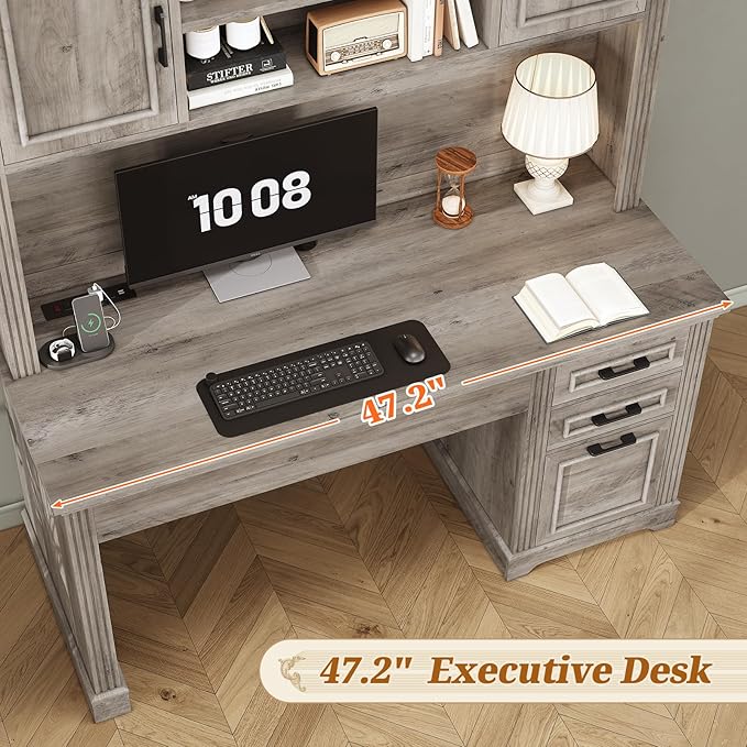 SEDETA Office Desk with 3 Drawers 47.2 Executive Computer Desk with Storage Drawers and Hutch Cabinet Wood Farmhouse Desk with Power Outlet for Home Office Grey