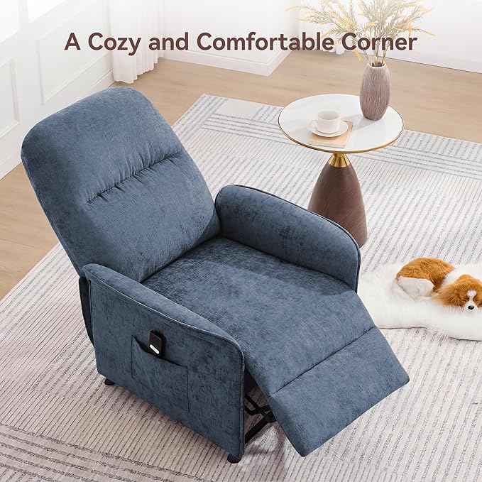 Power Recliner Chair for Adults Modern Reclining Single Sofa with Curved Armrest Comfy Ergonomics Electric Recliner with Side Pockets Adjustable Reading Chair for Living Room Bedroom Chenille Blue