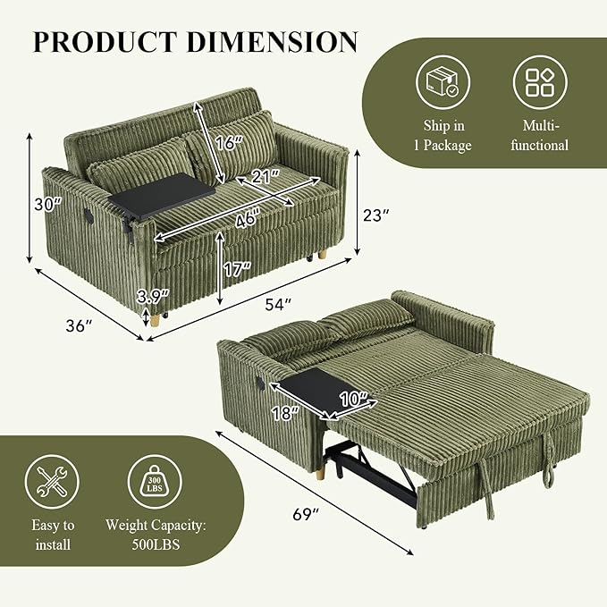 3 in 1 Pull Out CouchCorduroy Upholstered Convertible Sleeper Sofa Bed with Movable Side Table Modern Multifunctional Sofa with USB Port Cushioned Couch for Living Room (Green)
