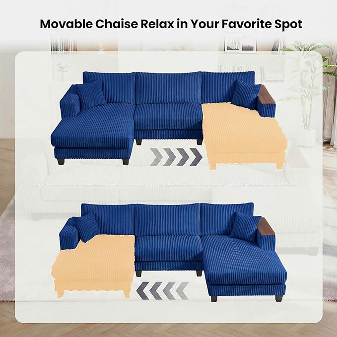 114 Cloud Sectional Couch with L-Shape Reversible Chaise Modern Corduroy L Shaped Couch with 2 Pillows &amp Storage Armrests 4 Seater Sectional Couches for Living Room Plush Corduroy Blue