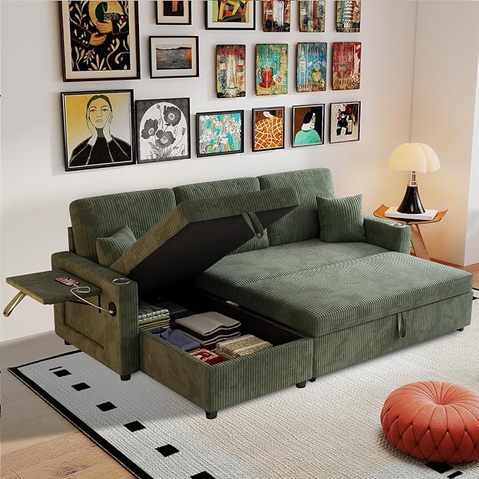 Rovibek 83 Convertible Sofa Bed Couch with Storage &amp USB Port – 4 in 1 L Shaped Sofa with Pull Out Couch Bed Side Table Cup Holder for Living Room Apartment Office Small Spaces Green