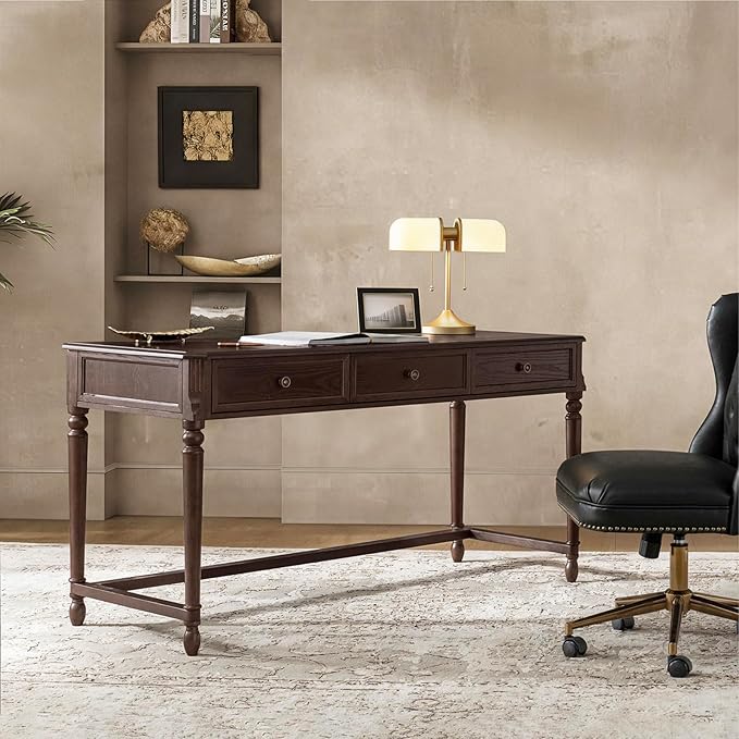 HULALA HOME 60 Home Office Desk with Storage 3 Drawers Writing Desk with Solid Wood Spindle Legs Wood Computer Desk with Charging Station Solid Wood Veneer Finish Auburn