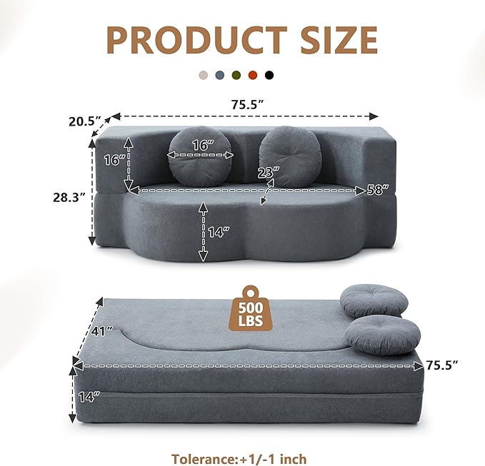 2-in-1 Folding Sofa Bed with Pillow No Assembly Futon Twin Size Sofa Bed Breathable Linen-Cotton Convertible Couch Bed for Living Room and Guest Room 75.5 InchGrey