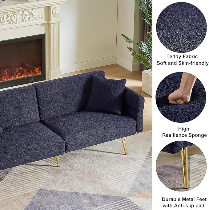 69.5'' Futon Loveseat Sofa Bed Comfy Teddy Upholstered Folding Couch with Adjustable Backrest and ArmrestsSleeper Couches with Side Pocket and Gold Metal Legs for Living Room (Dark Blue)