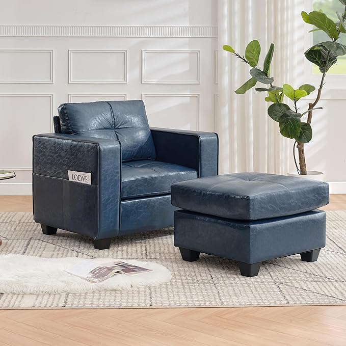TYBOATLE Oversized Accent Chair with Ottoman Wide Chaise Lounge Chair Indoor Mid Century Modern Armchair with Pockets Leather Comfy Chairs for Bedroom Living Room Office (Blue)