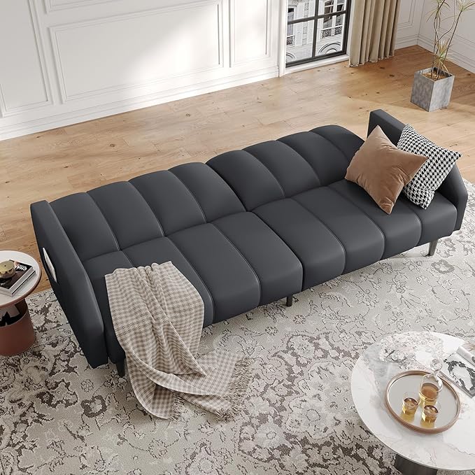 Faux Leather Sofa Bed 78“ Futon Sofa Bed Adjustable Futon Set Backrest Sleeper Sofa Couch Modern Decor Love Seat Couches Upholstered Couch for Living Room Bedroom Dark Gray