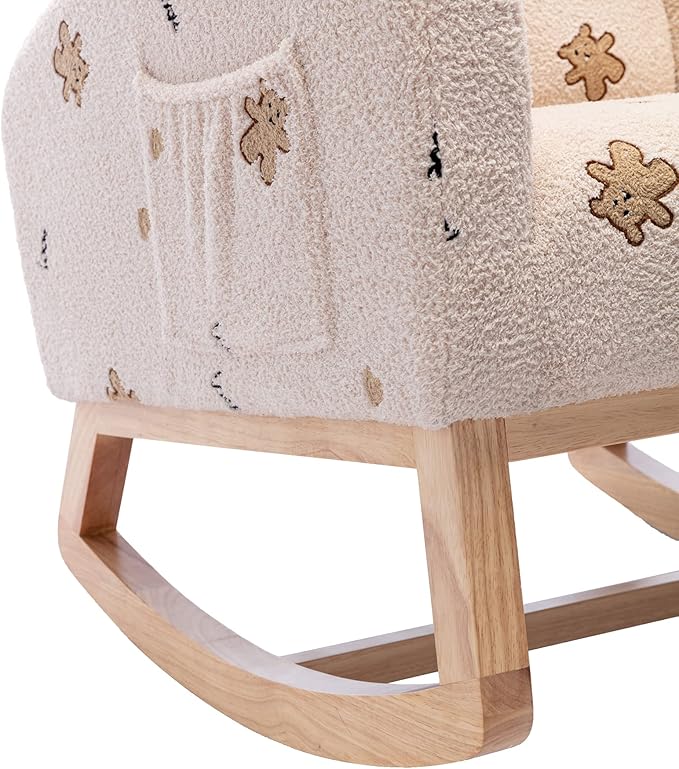 Nursery Chair 26.8 W Modern Rocking Chair for Nursery Mid Century Accent Rocker Armchair with Side Pocket Upholstered High Back Wooden Rocking Chair (Beige Boucle)
