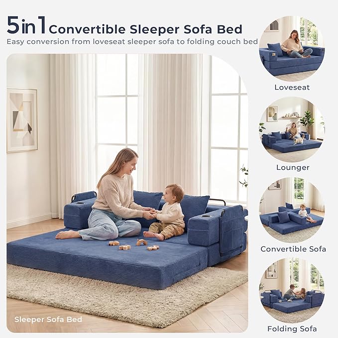 WELAX 72.8 Convertible Sleeper Sofa Bed Boneless Cloud Queen Futon Couches with Cupholders &amp Storage Pockets Corduroy Folding Floor Couch for Bedroom Apartment No Assembly Dark Blue