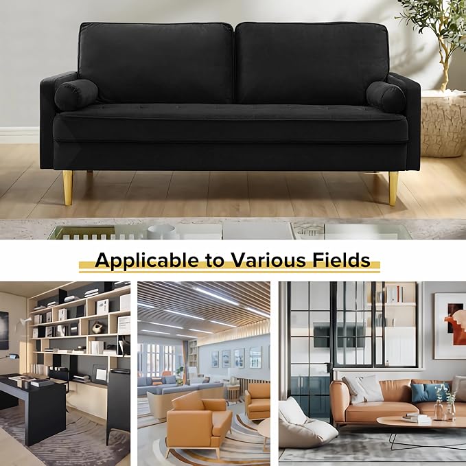 67 Modern Velvet Loveseat Sofa Couch Mid-Century Tufted Upholstered Small Love Seat Couch with 2 Pillows &amp 4 Golden Legs 2-Seats Couches for Compact Space Living Room Apartment (Black)