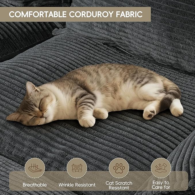 65.6 Chaise Lounge Chair Indoor Boneless Upholstered Sofa Bed Corduroy Comfy Sleeper Chair for Living Room and Bedroom Pebble Grey