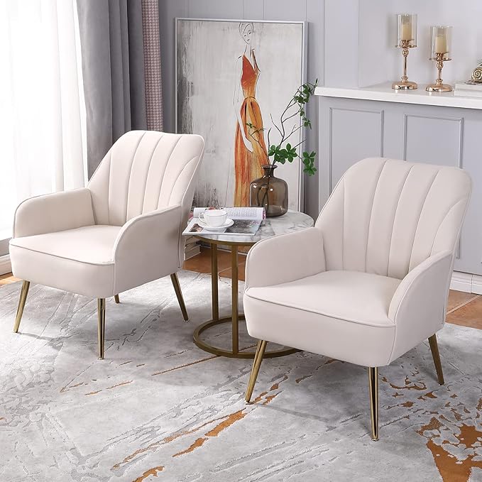 Velvet Accent Chair Set of 2Modern Comfy Upholstered Armchair Cozy Single Sofa Chairs with Gold Metal Legs for Living RoomReadingBedroomOffice(Beige)