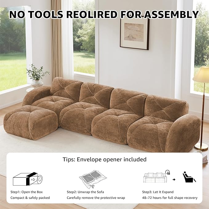 Camel 4-Seater Sectional Couches for Living Room Velvet Fabric Boneless Couch in a Box No Assembly Cloud Modular Sectional Sofa Foam Couch Compressed Sofa Set for Apartment Sofas para Sala