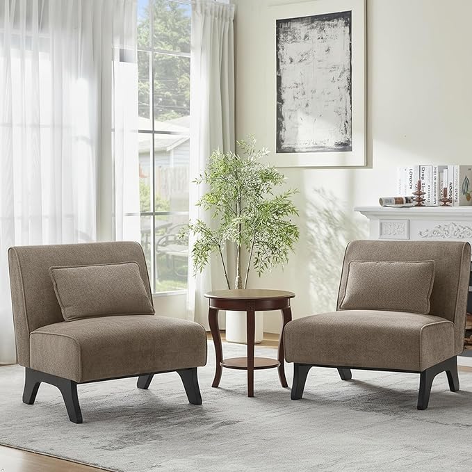 Upholstered Armless Accent ChairModern Comfy Living Room Chairs with Wooden Legs&amp PillowsLounge Sofa Side Chair for Bedroom Farmhouse Reading (Dark Brown 2 PCS)