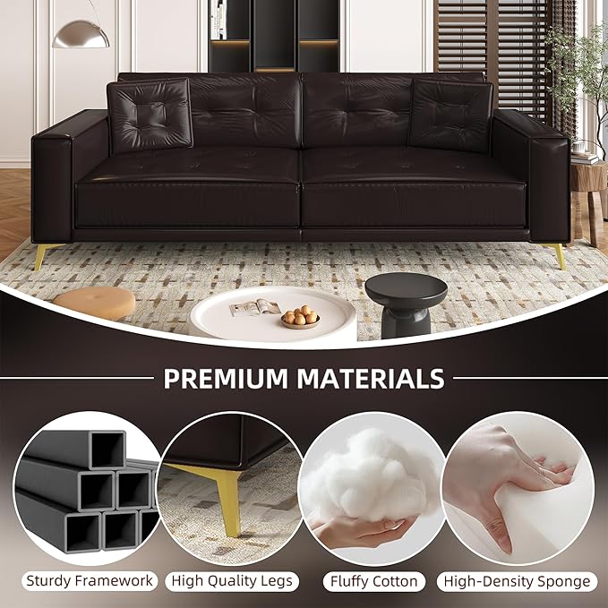 92.1'' King Pull Out Sofa Bed Convertible Futon Couch 3-in-1 Faux Leather Sleeper Sofa with Tufted Back 2 Pillows Gold Legs Deep Folding Loveseat for Living Room Apartment Dark Brown