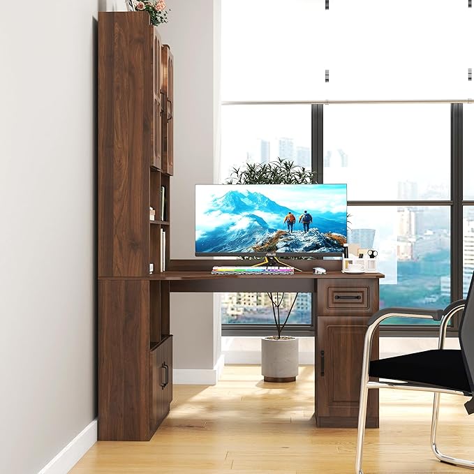 L Shaped Computer Desk with Hutch and Bookshelf Home Office Gaming Corner Desk with Drawers and Storage Shelves for Writing Work Bedroom Living Room Walnut (Style-10)