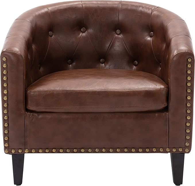 Generic PU Leather Tufted Barrel ChairTub Chair for Living Room Bedroom Club Chairs Dark Brown