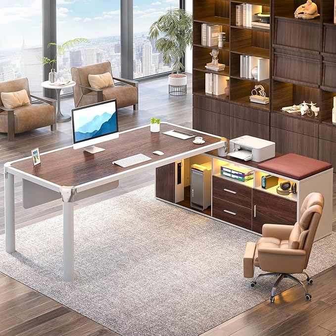 Cyclysio Large L Shaped Desk with File Cabinet and Outlet Reversible Corner Computer Desk with LED Lights Home Office Desk with Drawer Soft Cushion Espresso