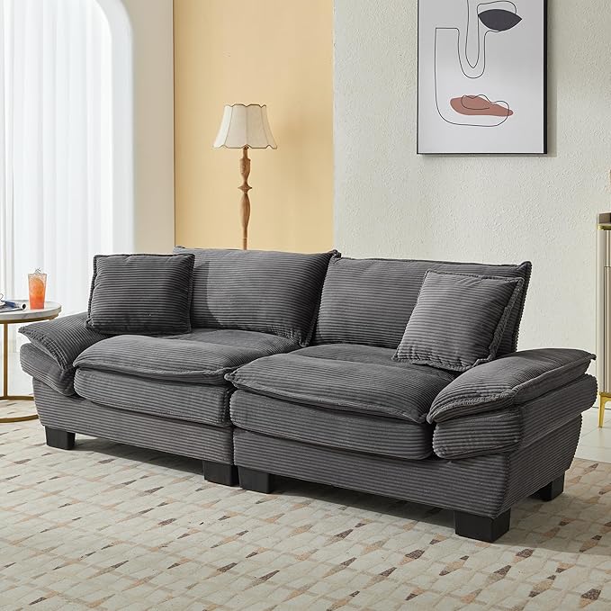 KEIKI Loveseat Sofa 84 Corduroy Upholstered Couch with Deep Seat and 2 Pillows Modern Loveseat Sofa Couch for Small Spaces Living Room Apartment Office Grey