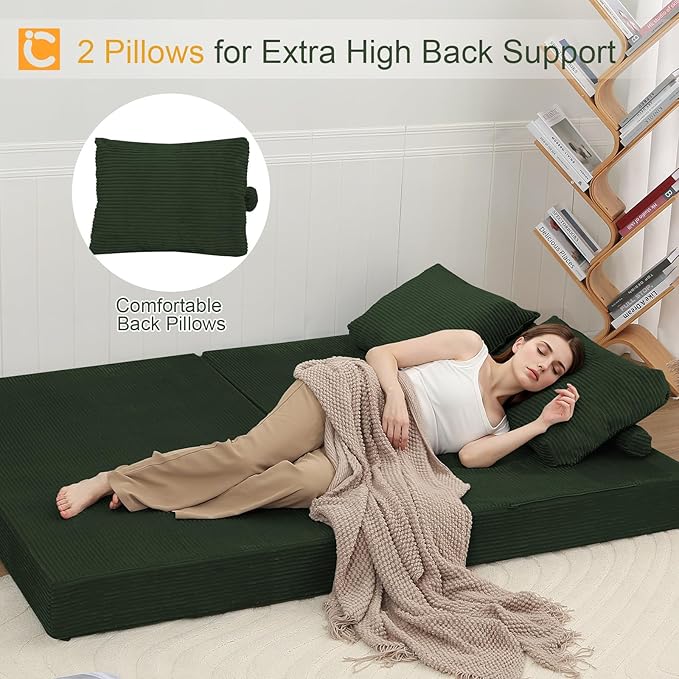 COMAX Convertible Sofa Bed Folding Floor Couch Corduroy Fold Out Couch Bed Futon Sleeper Mattress with Pillows Boneless Sofa Comfy Lounge Loveseat for Living Room Bedroom Green