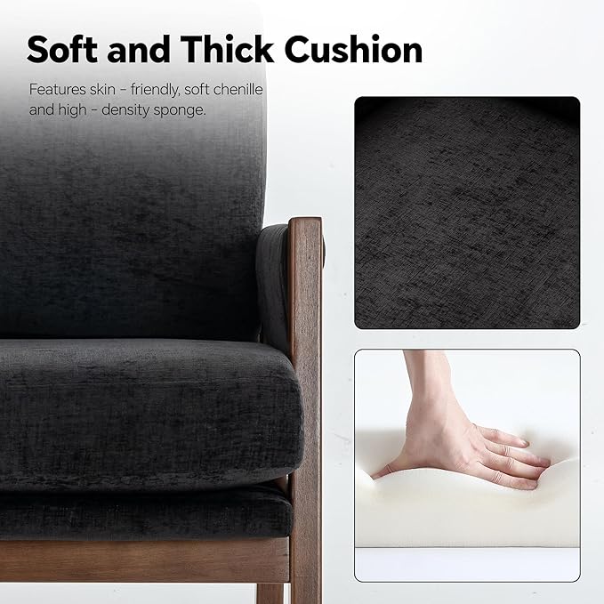 Mid Century Modern Accent Chair with Wood Frame Upholstered Living Room Chairs with Wide Armrest Chenille Fabric Comfy Arm Chair for Bedroom Reading Room Balcony (1 Black)