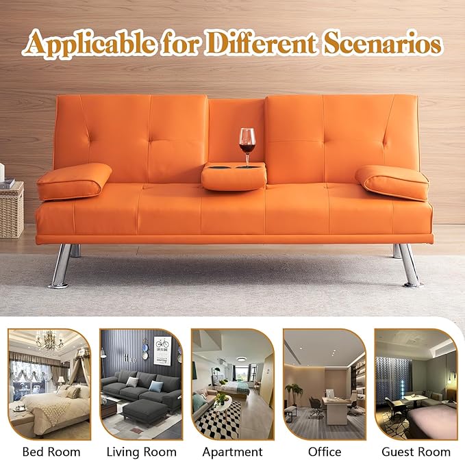 Modern Futon Sofa Bed 67 Inch Leather Convertible Futon Couch Loveseat Sleeper for Small SpacesComfy Folding Recliner Couches for Living Room Adjustable Backrest2 Cup HoldersMetal Legs (ORANGE)