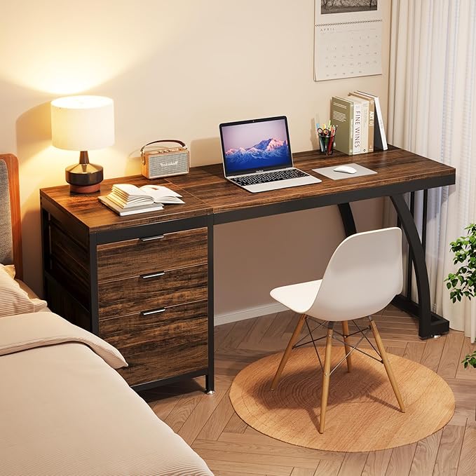 Tribesigns 59 Inch Computer Desk with 3 Drawers Industrial PC Desk Study Writing Table Workstation with File Storage Home Office Desks with Large Desktop and Metal Frame (Rustic Brown)