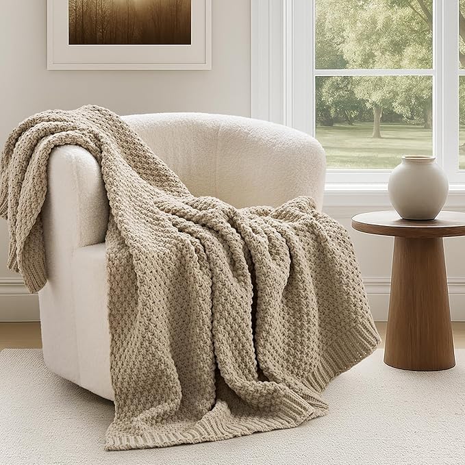 EVERGRACEHOME Chunky Chenille Knit Throw Blanket for Couch Soft Luxurious Moss Stitch Blankets for Bed Cozy Decorative Farmhouse Knitted Throws for Sofa Sand Dune 50 x 60