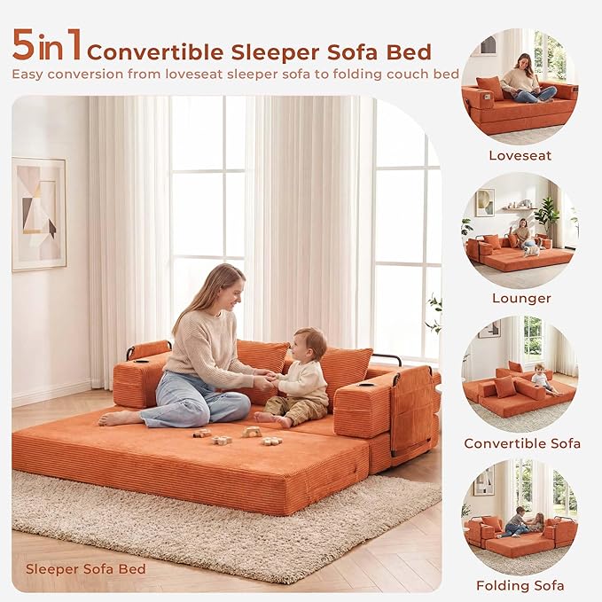 WELAX 72.8 Convertible Sleeper Sofa Bed Boneless Cloud Queen Futon Couches with Cupholders &amp Storage Pockets Corduroy Folding Floor Couch for Bedroom Apartment No Assembly Orange