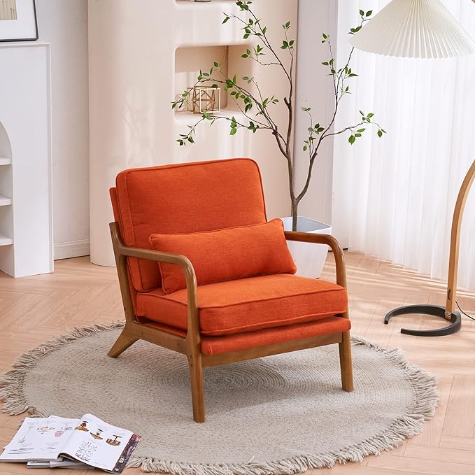 Accent Chair Upholstered Mid-Century Modern Chair with Lumbar Pillow&ampSoft CushionLounge Reading Armchair with Solid Wood Framefor Living Room Bedroom Balcony Orange