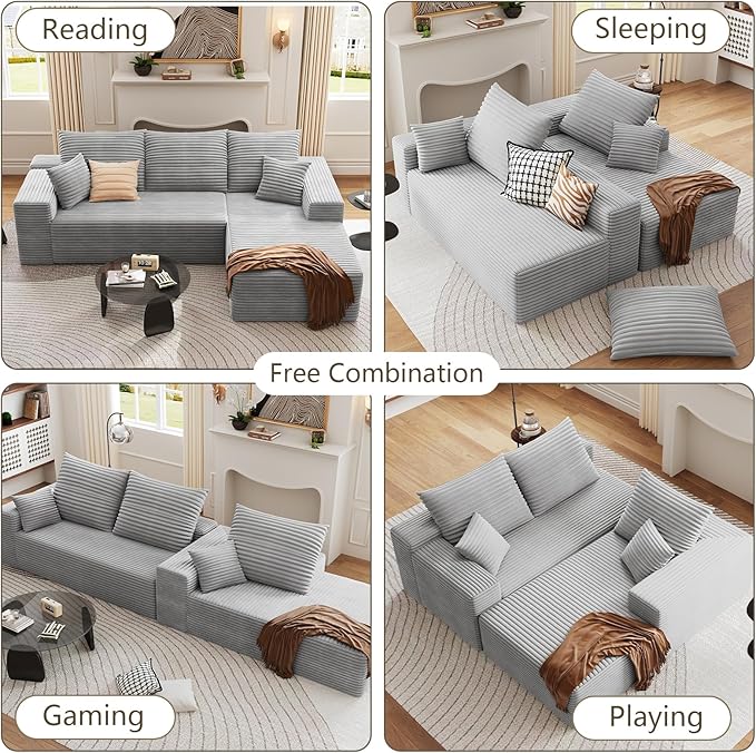 107 Cloud Sectional Couch with L-Shape Chaise Modern Modular Sofa with Deep Seat Corduroy Upholstered Couches for Living Room BedroomNo Assembly Required(Grey Right Facing)