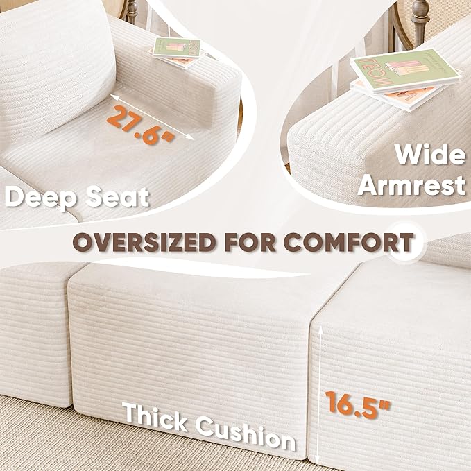 JUMMICO Boneless Couch with Deep Seat and Ottoman Modular Sectional Sofa with Body Support Corduroy Couches for Living Room Apartments Bedroom No Assembly Required (Beige Three Seater)