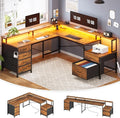 SEDETA L Shaped Desk with 6 Drawer 108 Home Office Desk with File Drawer &amp Power Outlet Corner Computer Desk with Monitor Shelf Two Person Desk Gaming Desk with Led Lights Rustic Brown
