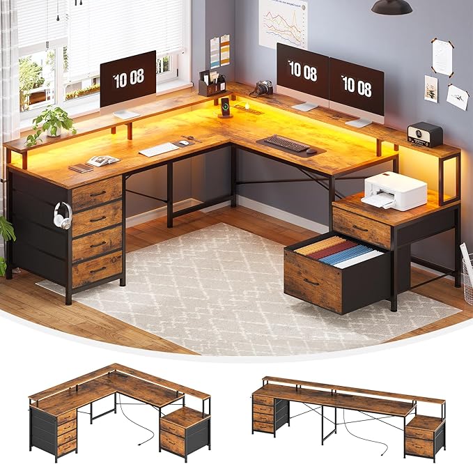 SEDETA L Shaped Desk with 6 Drawer 108 Home Office Desk with File Drawer &amp Power Outlet Corner Computer Desk with Monitor Shelf Two Person Desk Gaming Desk with Led Lights Rustic Brown