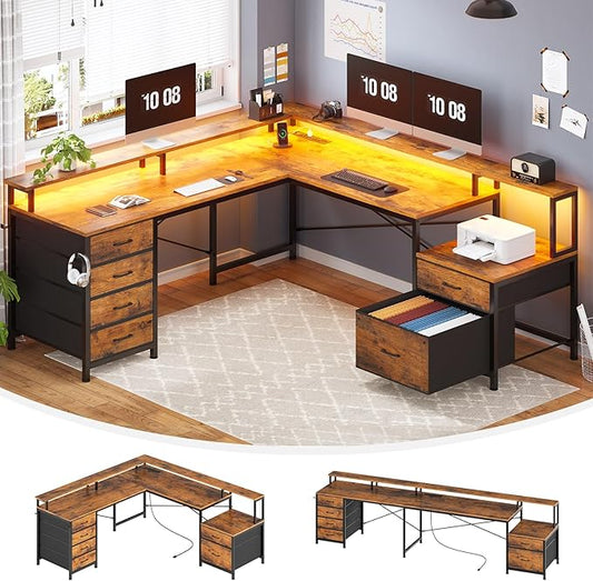 SEDETA L Shaped Desk with 6 Drawer 108 Home Office Desk with File Drawer &amp Power Outlet Corner Computer Desk with Monitor Shelf Two Person Desk Gaming Desk with Led Lights Rustic Brown