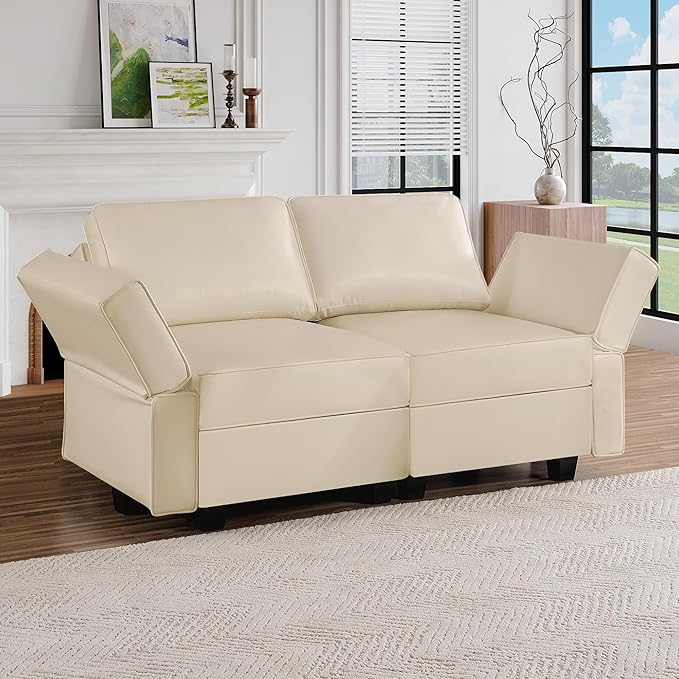 Naomi Home Sarah Modular Loveseat Sofa Couch with Storage Seats Air Leather 2 Seater Love Seats for Small Spaces Beige