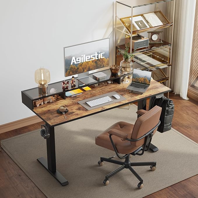 Agilestic Glass Standing Desk with Storage 48 Inch Electric Adjustable Desk with Glass Shelf Sit Stand Up Home Office Computer Table Splice Board Rustic Brown