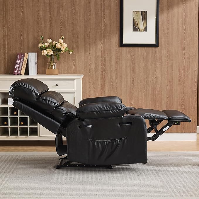 Garvee PU Leather Manual Recliner Chair with Massage and Heat 27 Extra Wide Seat 400 lbs Capacity Thickened Sponge Armrests and Back Cup Holders &amp Side Pocket Living Room or Bedroom Black