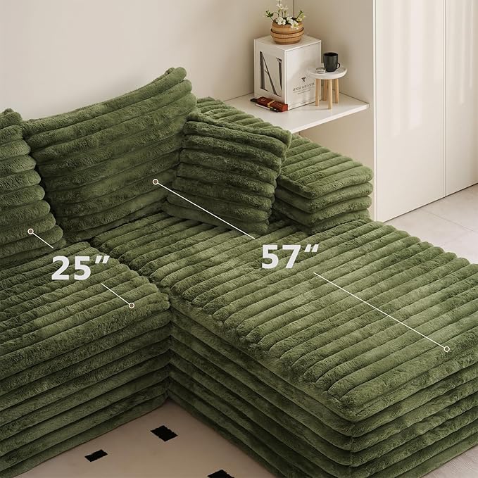 103” Sectional Couch for Living Room Modular Deep Seat L-Shaped Corduroy Sofa No Assembly Plush Wide Fabric Green with Right Facing Chaise