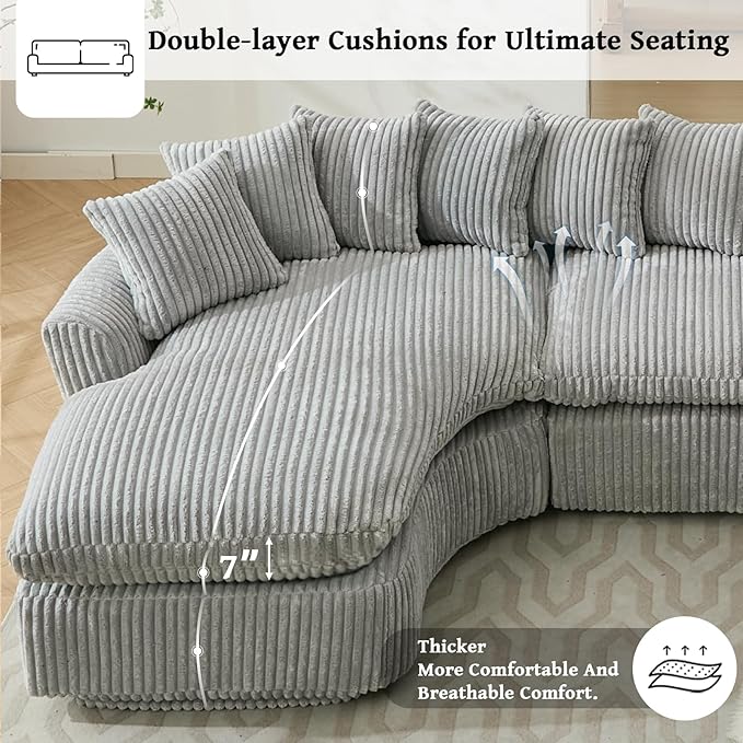 129'' Modern Sectional Sofa4-5 Seater Upholstered Couches with 10 CushionsHigh Density Sponges Cloud Couch L-Shape Left SofaCorduroy Sponge Sofa for Living RoomNo Assembly Required(Gray)
