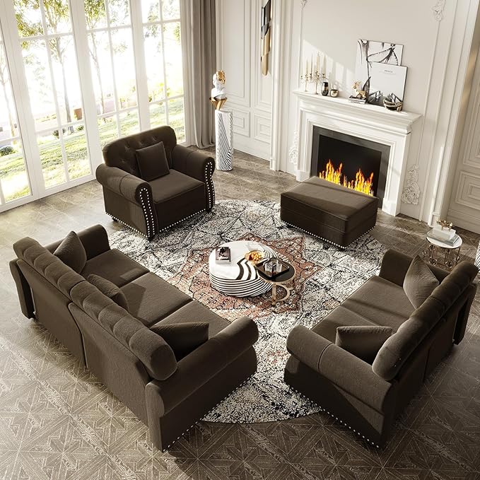 4 Pieces Chesterfield Sofa Set with Ottoman 1&amp 2&amp 3 Seater Comfy Tufted Velvet Couch with Rolled Arms &amp 6 Pillows Mid Century Modern Couch and Loveseat Vintage Living Room Sets Furnitur