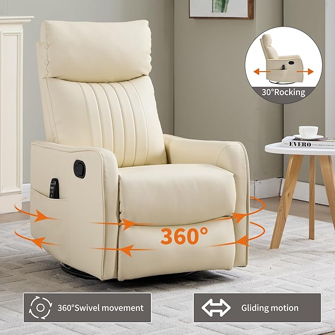 High Back Massage Recliner with Heat - Swivel Rocking Chair for Small Spaces Manual Lazy Boy Recliner for Adults Perfect for Living Room &amp Bedroom Soft Fabric (Beige FL)