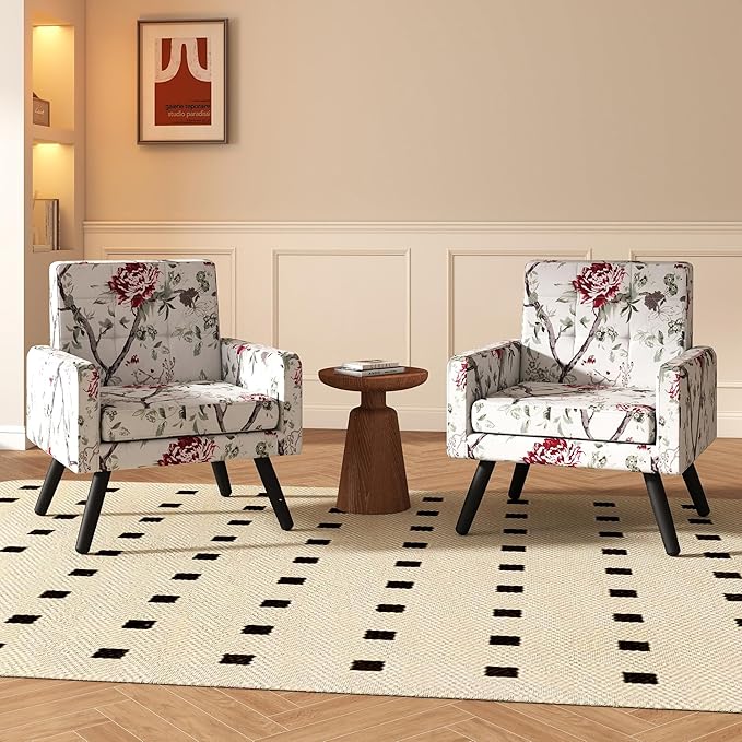 Accent Chair for Living Room Set of 2 Mid-Century Modern Comfy Upholstered Armchair with Large Seat Single Sofa Reading Chair 496 Lb. Weight Capacity for Bedroom Apartment Red Floral