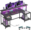 55 Inch Gaming DeskComputer Desk with LED &amp Power OutletOffice Desk with Printer Storage Shelves &amp Storage DrawerStudy Table with Monitor ShelfDorm Room EssentialsBlack