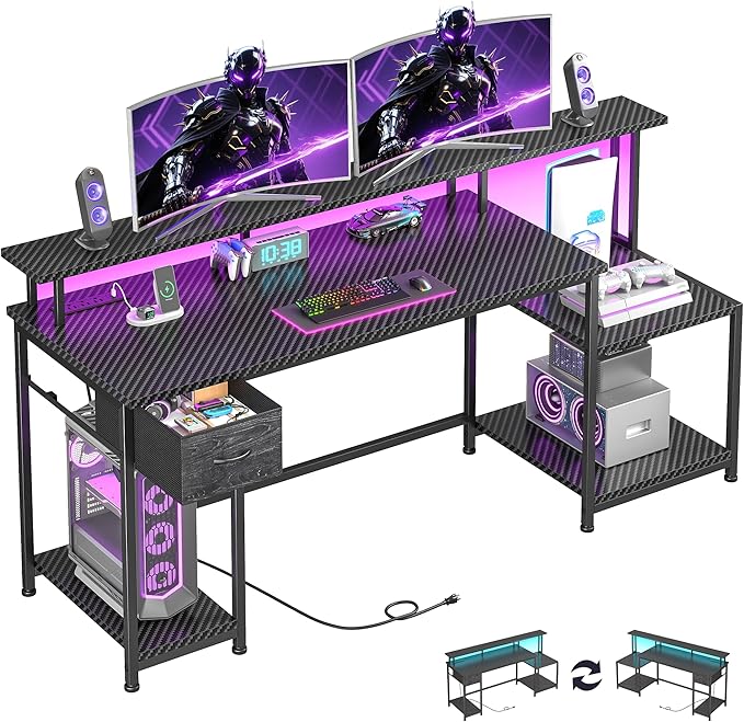 55 Inch Gaming DeskComputer Desk with LED &amp Power OutletOffice Desk with Printer Storage Shelves &amp Storage DrawerStudy Table with Monitor ShelfDorm Room EssentialsBlack